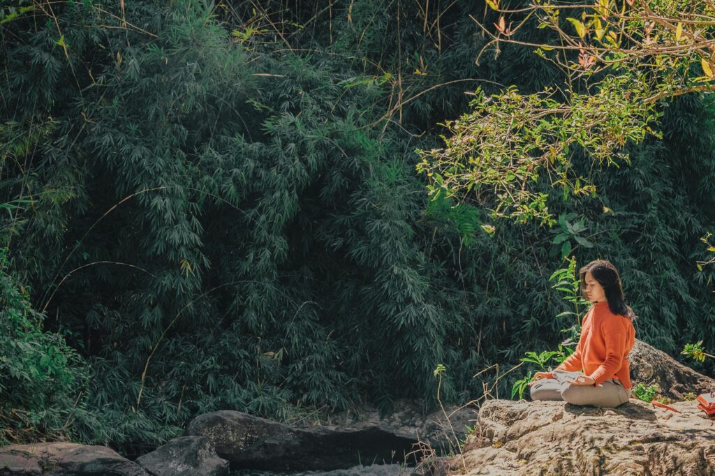 A woman sitting cross-legged in a peaceful meditation pose on a rock surrounded by lush green trees.