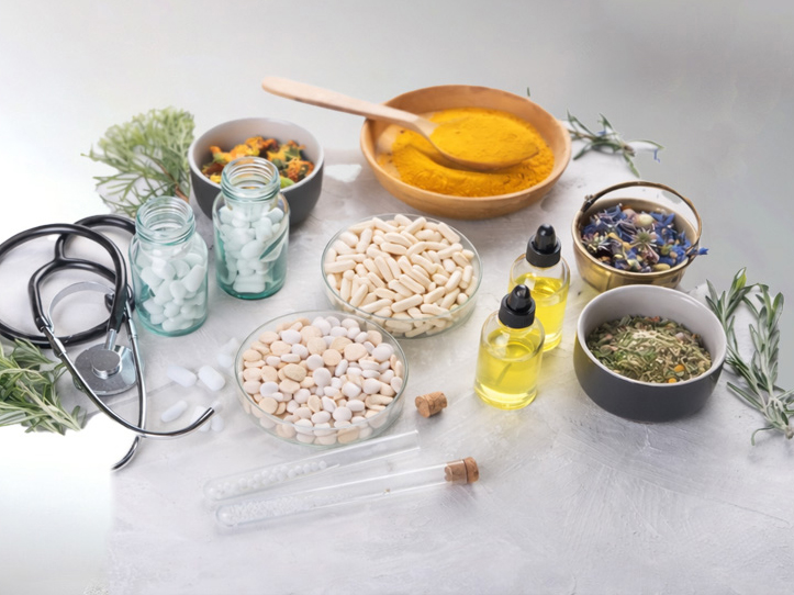 A stethoscope surrounded by natural herbs, essential oil dropper bottles, herbal powders, and wellness supplements used in naturopathic medicine.